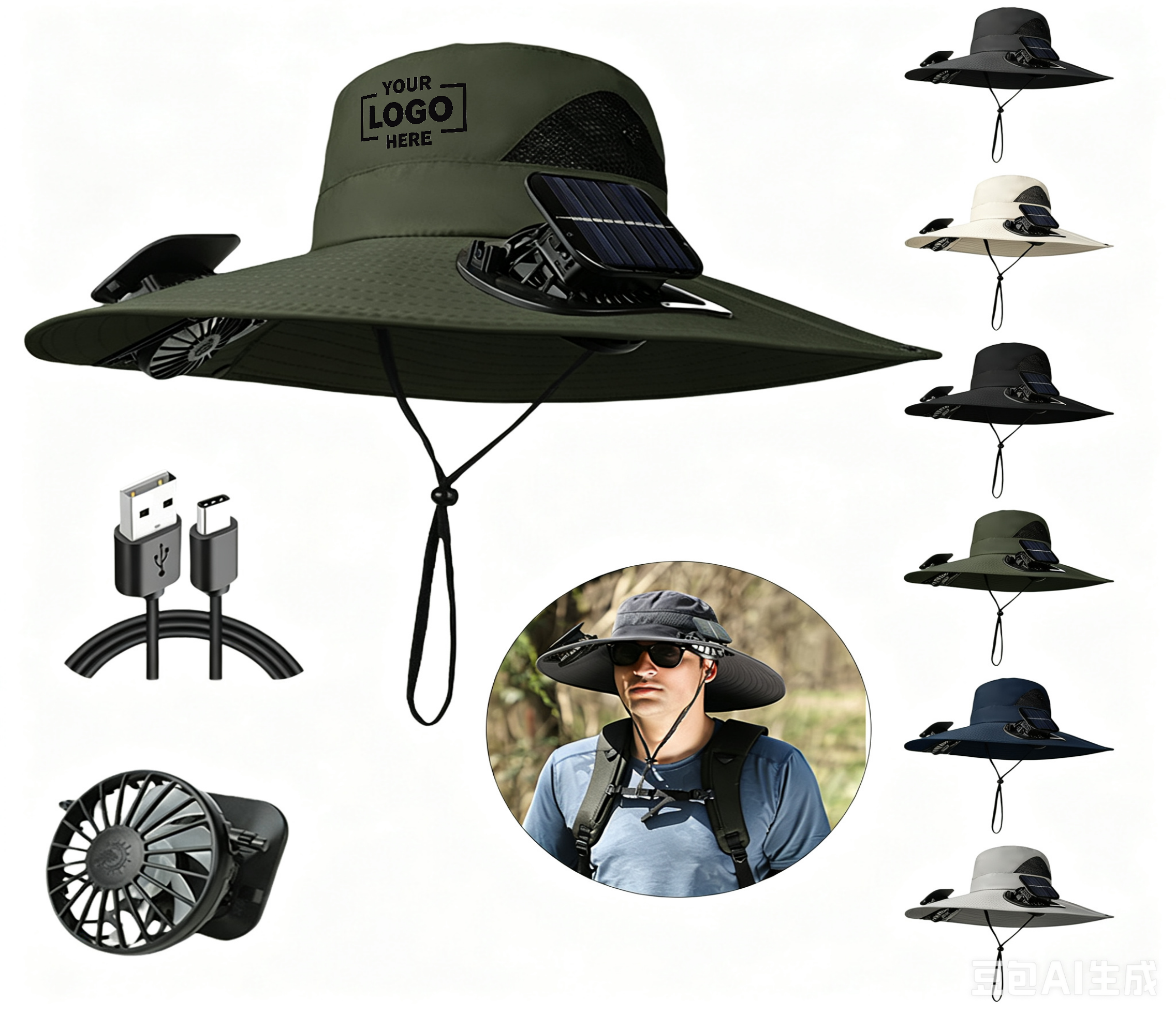 Custom Solar Fan Wide-Brim Hat