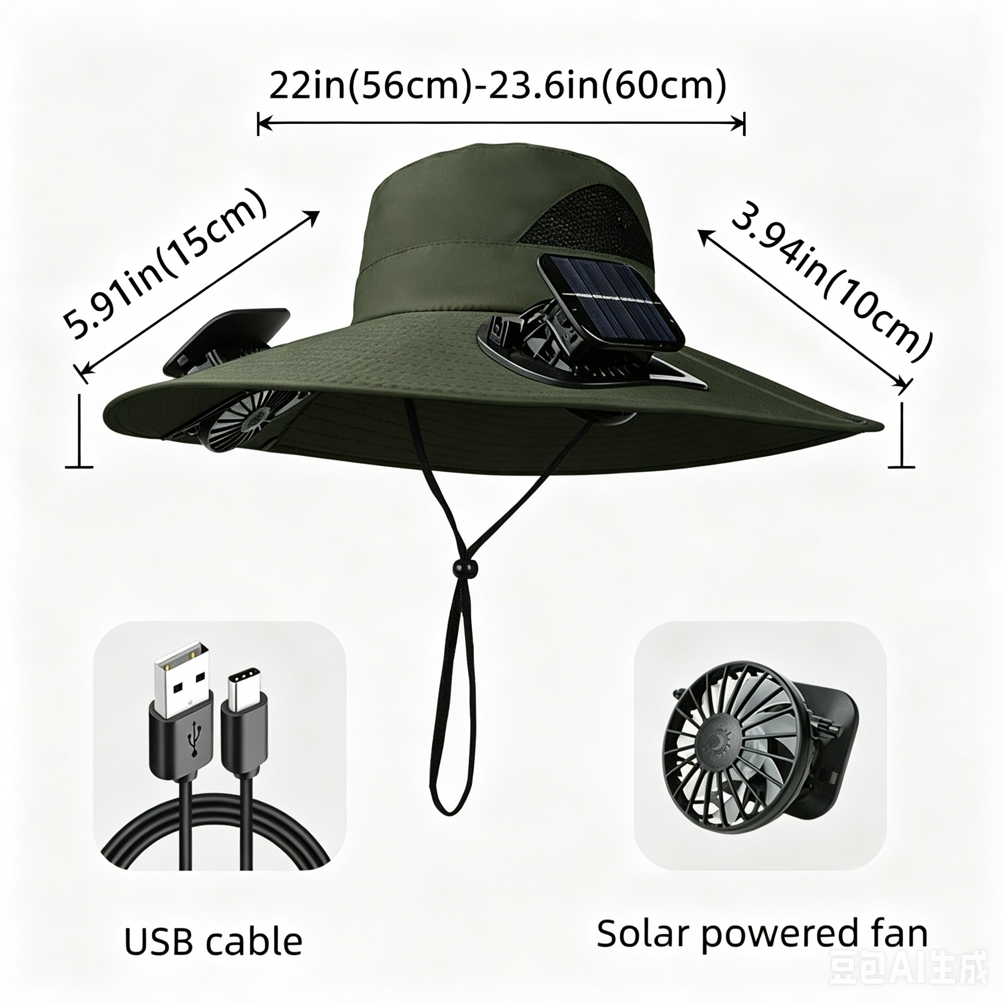 Custom Solar Fan Wide-Brim Hat detail 4