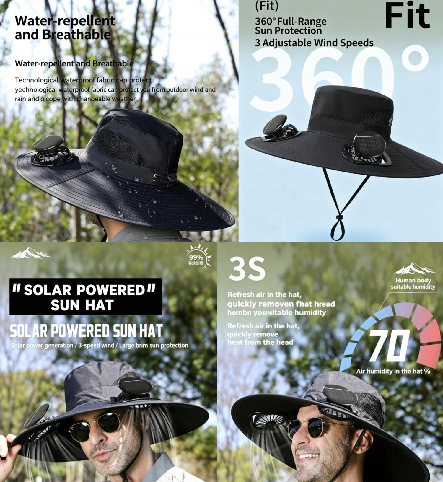 Custom Solar Fan Wide-Brim Hat detail 2