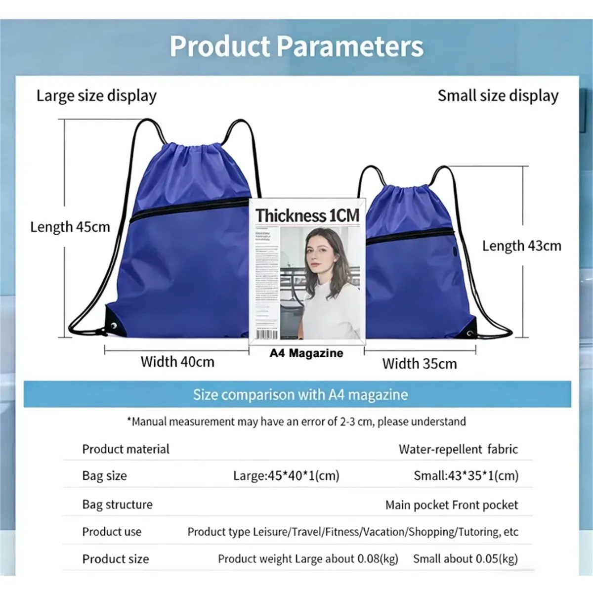 Custom Drawstring Backpack with Zipper Pocket detail 1